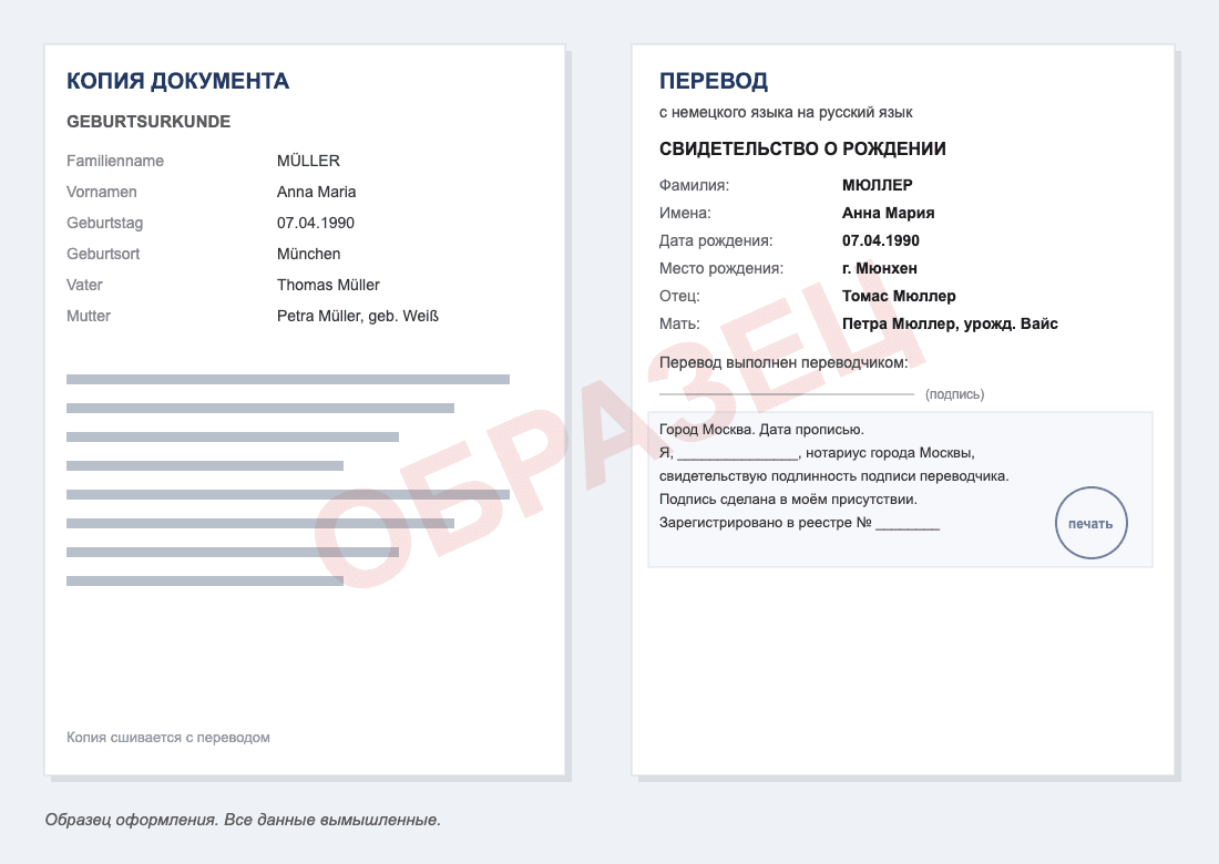 Образец нотариального перевода свидетельства о рождении с немецкого языка