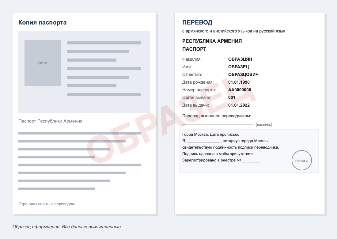 Образец нотариального перевода паспорта Армении на русский язык