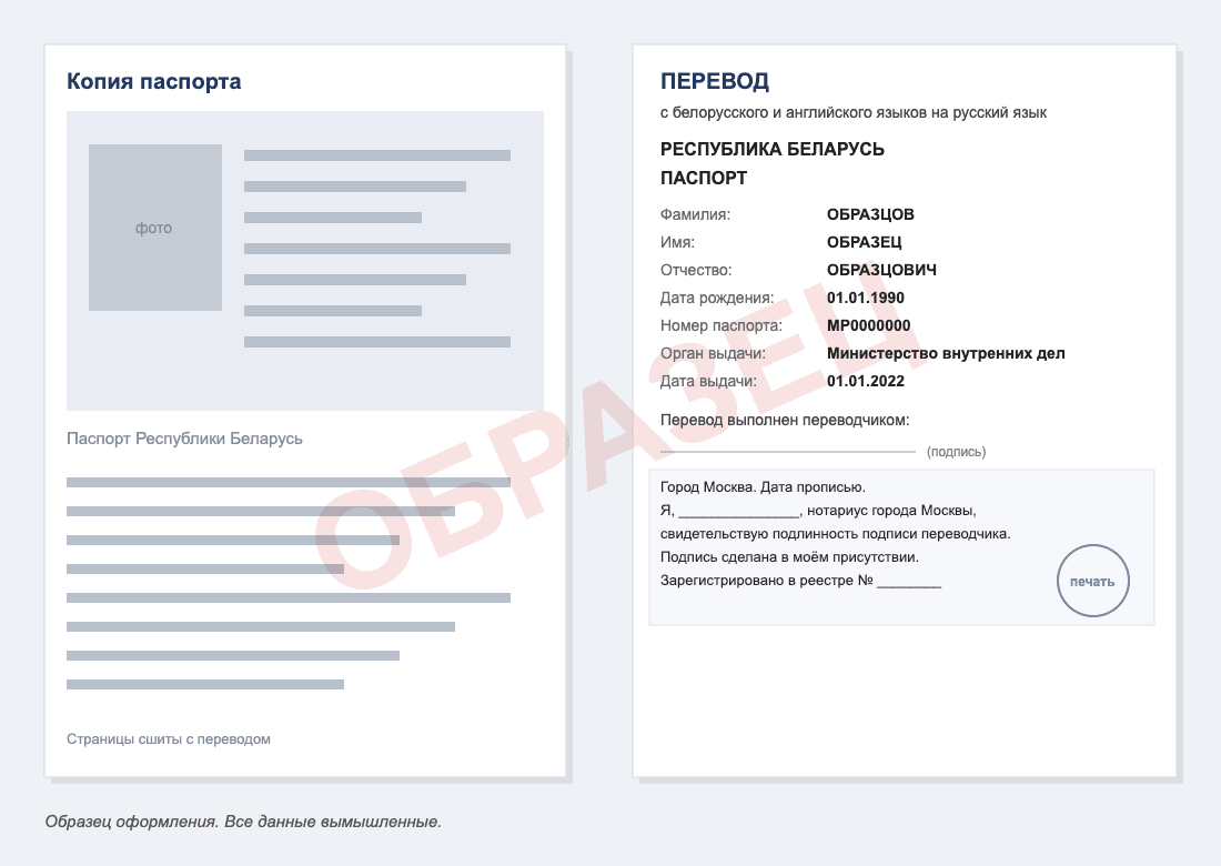Образец нотариального перевода паспорта Беларуси на русский язык