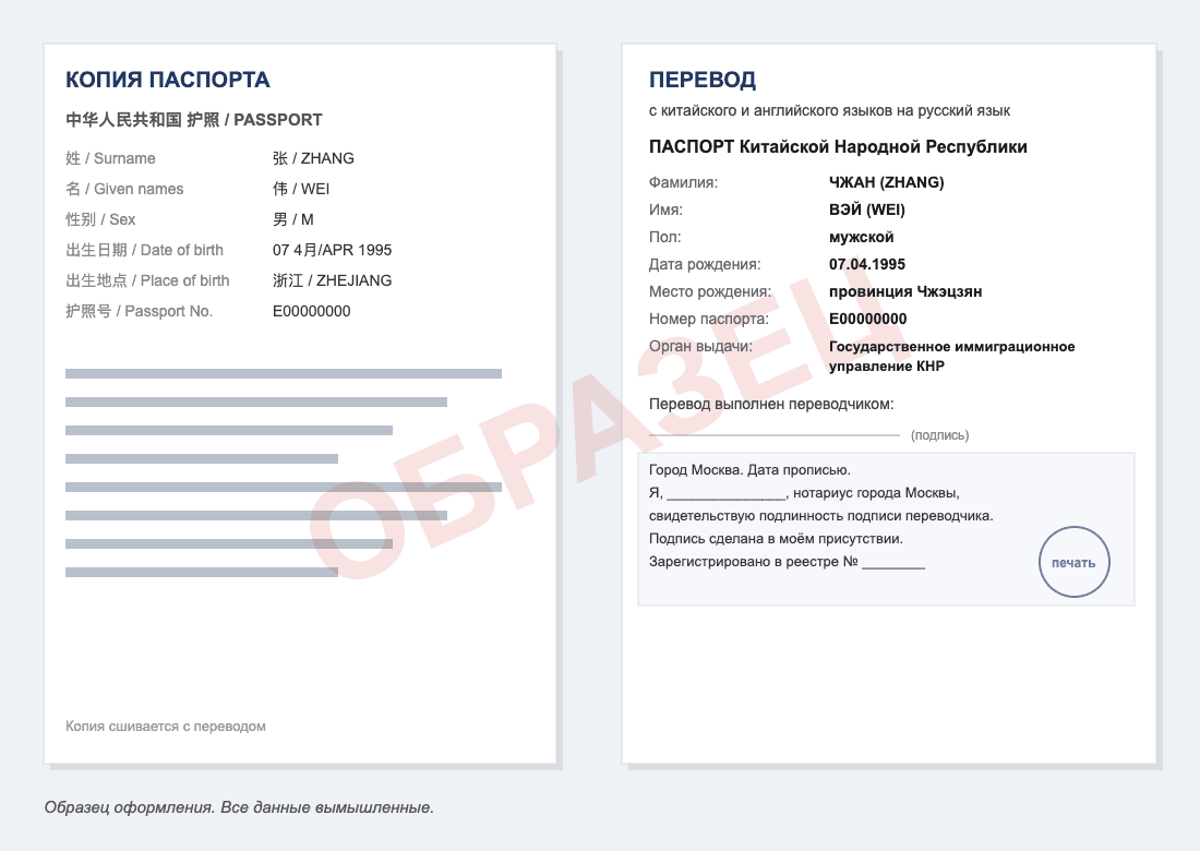 Образец нотариального перевода паспорта Китая на русский язык