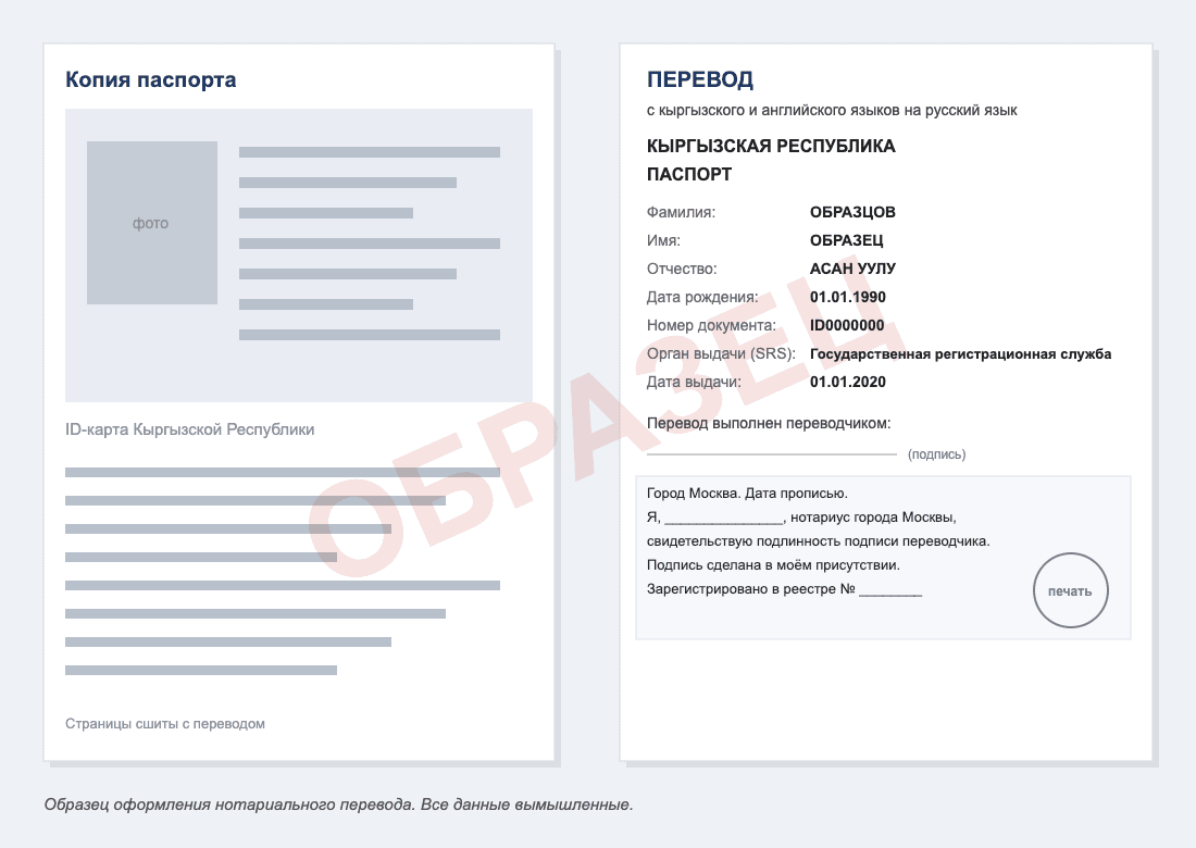 Образец нотариального перевода паспорта Кыргызстана на русский язык