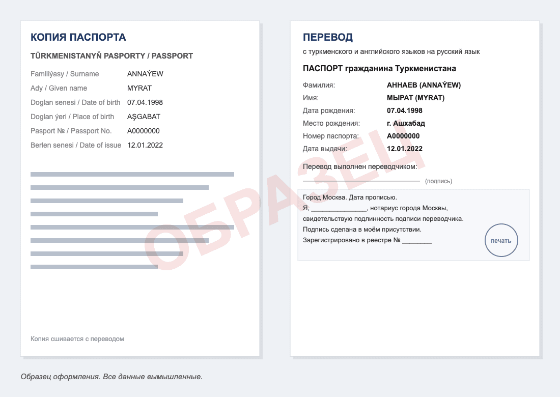 Образец нотариального перевода паспорта Туркменистана на русский язык